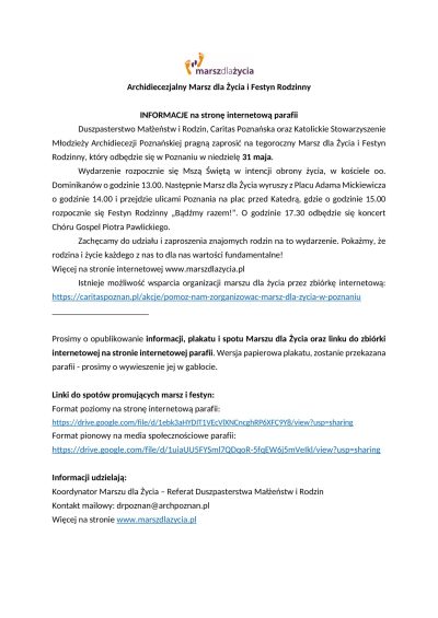Marsz dla Życia i festyn rodzinny 2026_informacje na stronę inernetową parafii